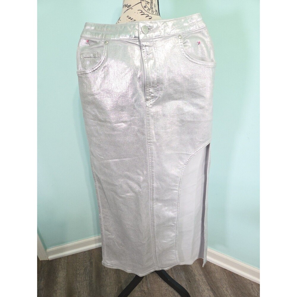 Pilcro Anthropologie Metallic Silver Madi Skirt 4 Slit Maxi Denim